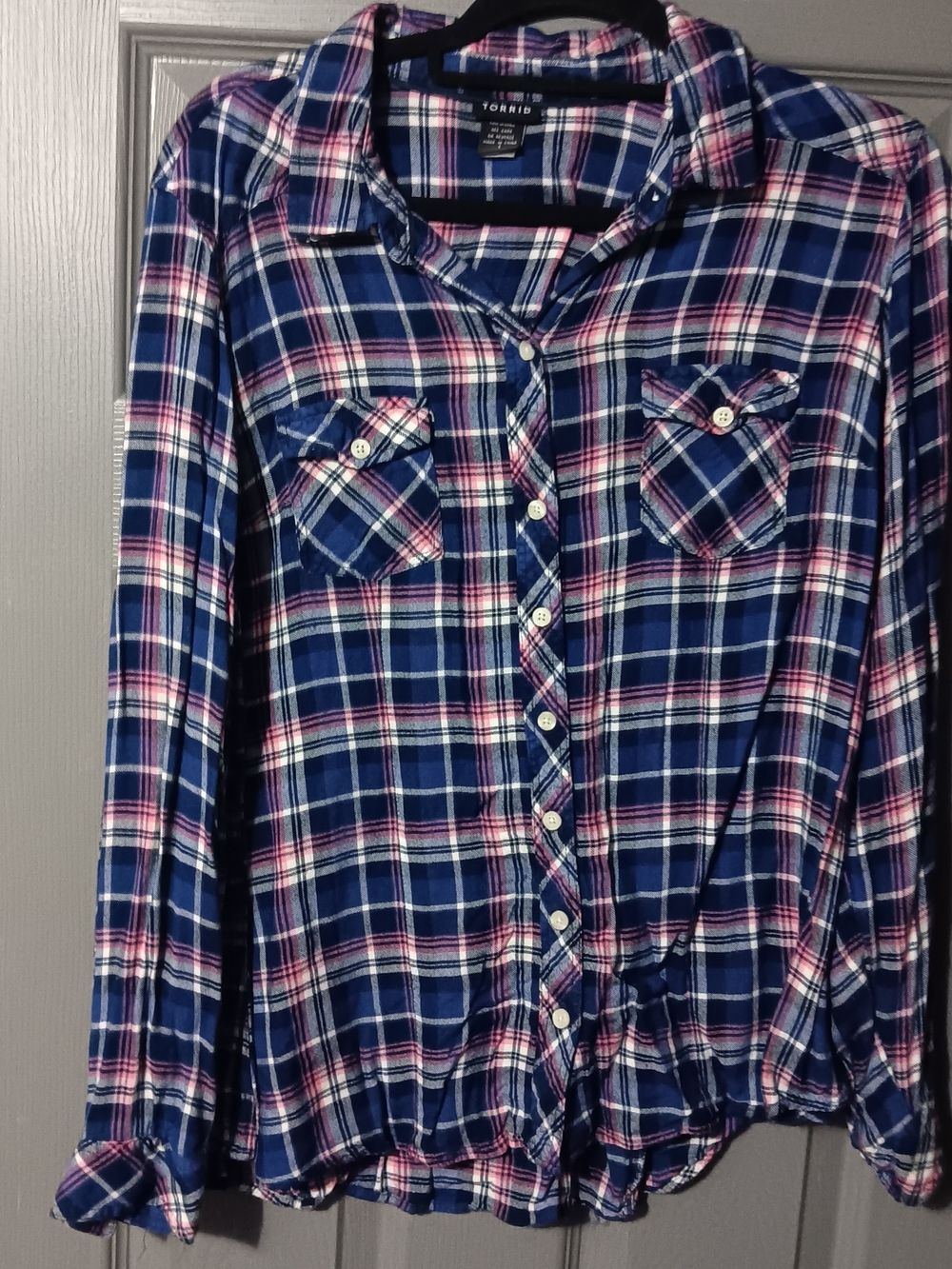 Torrid Navy & Pink Plaid Button-Up Shirt